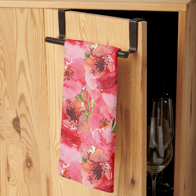 Watercolor Pink Floral Pattern Kitchen Towel (Thirds Fold)