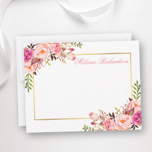 Watercolor Pink Floral Personalized Gold Frame Card