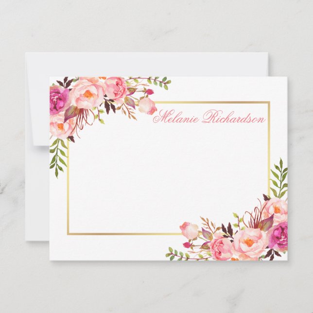 Watercolor Pink Floral Personalized Gold Frame Card (Front)