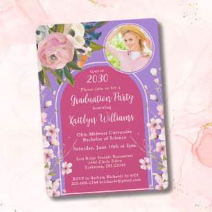 Watercolor Pink Floral Photo Graduation Party Invitation