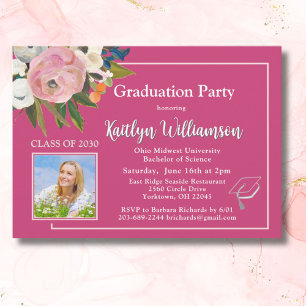  Watercolor Pink Floral Photo Graduation Party Invitation