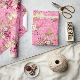 Watercolor Pink Floral Pumpkin on Damask Pattern Wrapping Paper