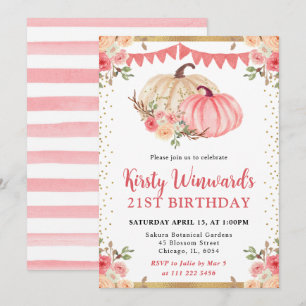 Watercolor Pink Floral Pumpkins Fall 21st Birthday Invitation