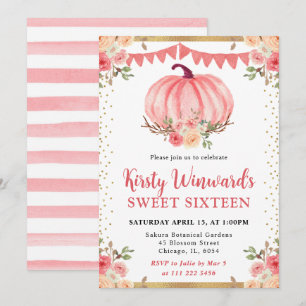 Watercolor Pink Floral Pumpkins Fall Sweet 16 Invitation
