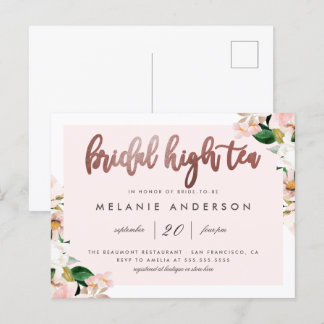 Watercolor Pink Floral Rose Gold Bridal High Tea Invitation Postcard
