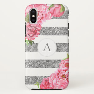 Watercolor Pink floral Silver stripes monogram iPhone X Case
