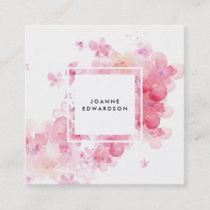 Watercolor pink floral splatter white frame square business card