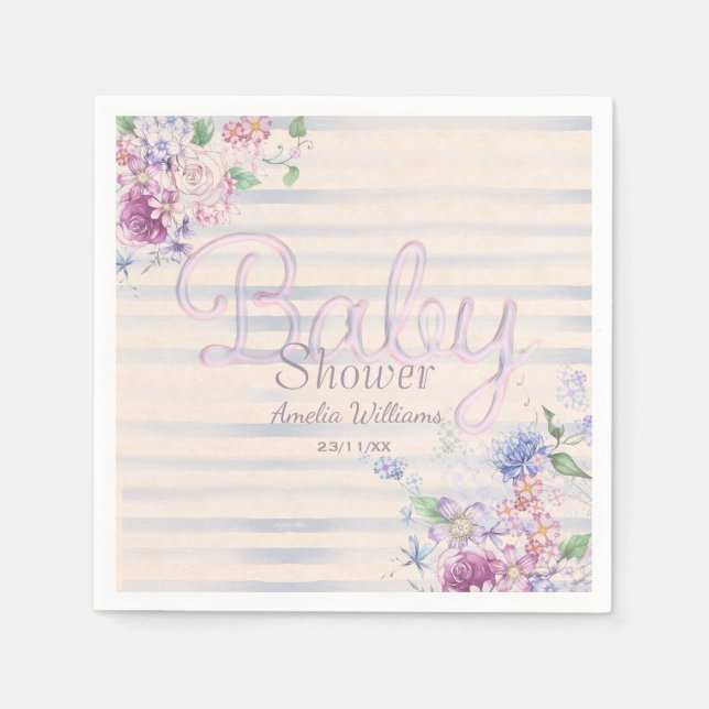 Watercolor Pink Floral & Stripes Girl Baby Shower Napkin (Front)