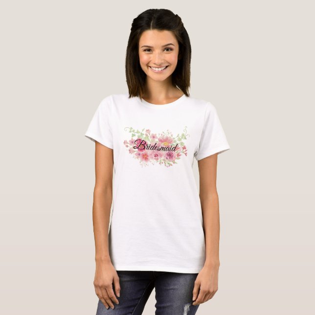 Watercolor Pink Floral T-Shirt (BRIDESMAID) (Front Full)