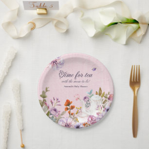 Watercolor Pink Floral Tea Party Baby Shower Paper Plate