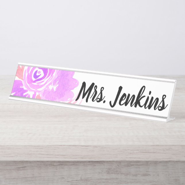 Watercolor Pink Floral Teachers Desk Name Plate (Front)
