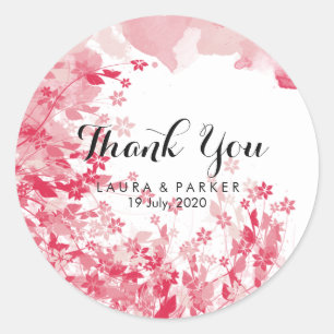 Watercolor Pink Floral Thank You Wedding Artist Classic Round Sticker