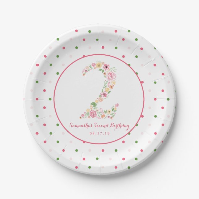 Watercolor Pink Floral Two 2nd Birthday Paper Plate (Front)