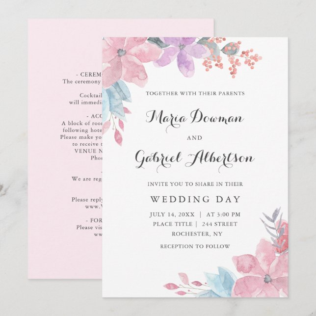 Watercolor pink floral wedding. Blush garden Invitation (Front/Back)