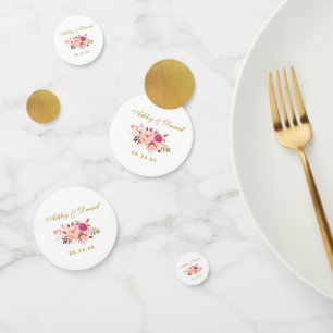 Watercolor Pink Floral Wedding Gold Confetti