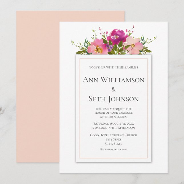 Watercolor Pink Floral Wedding Invitation (Front/Back)