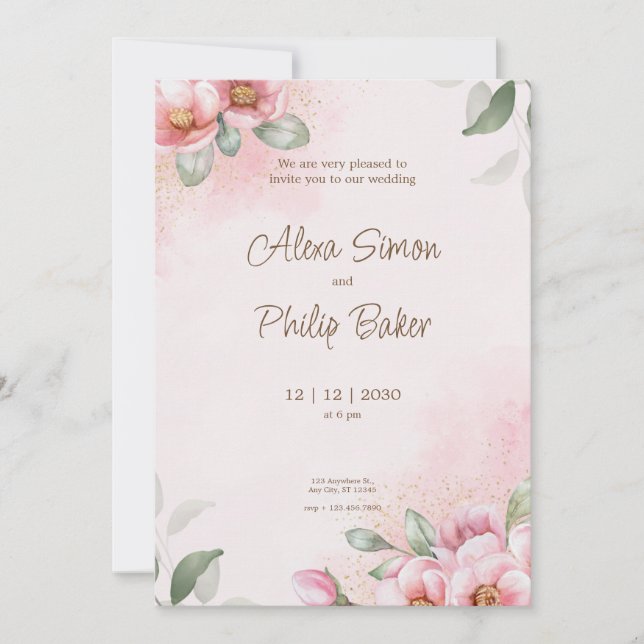 Watercolor Pink Floral Wedding Invitation (Front)