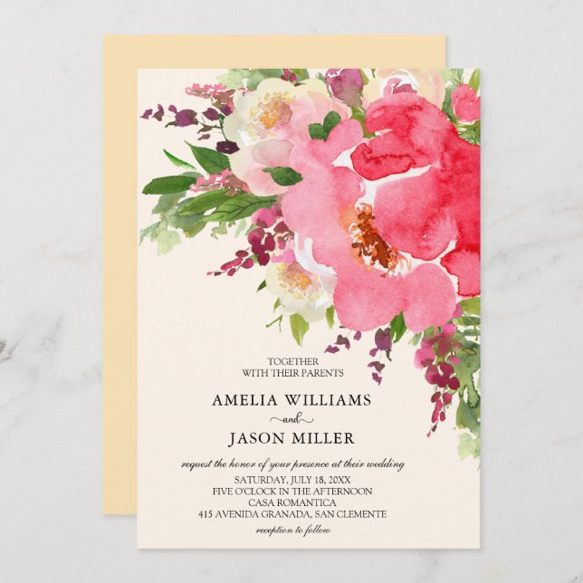 Watercolor Pink Floral Wedding Invitations (Front/Back)