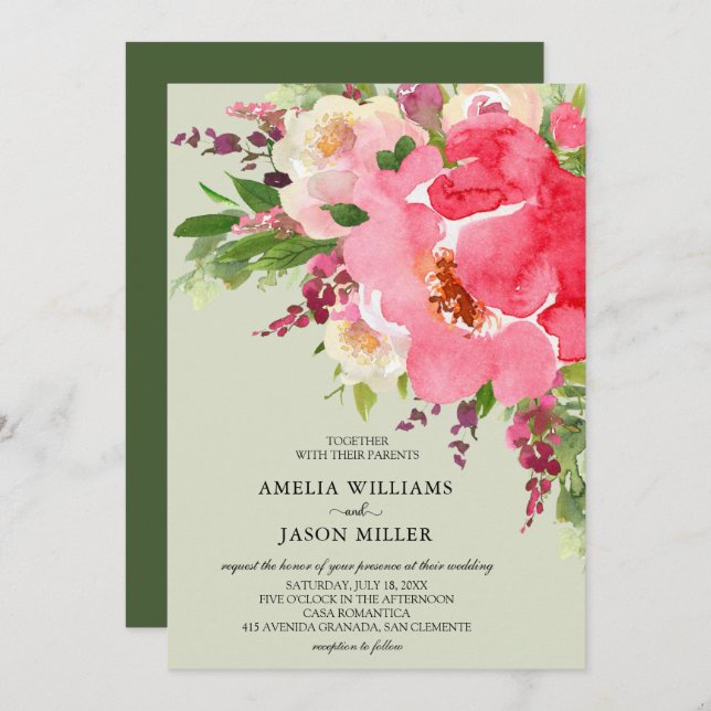 Watercolor Pink Floral Wedding Invitations (Front/Back)