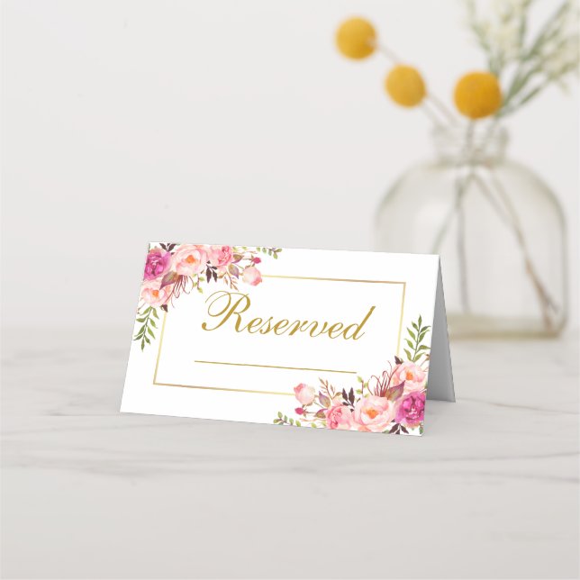 Watercolor Pink Floral Wedding Reserved Gold Place Card (Front)