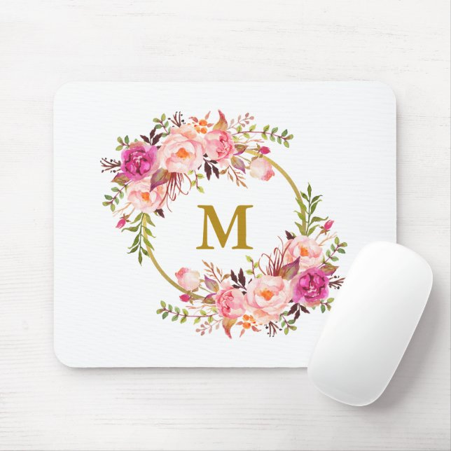 Watercolor Pink Floral Wreath Gold Monogram Mouse Pad (With Mouse)