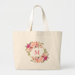 Watercolor Pink Floral Wreath Monogram Gold Large Tote Bag