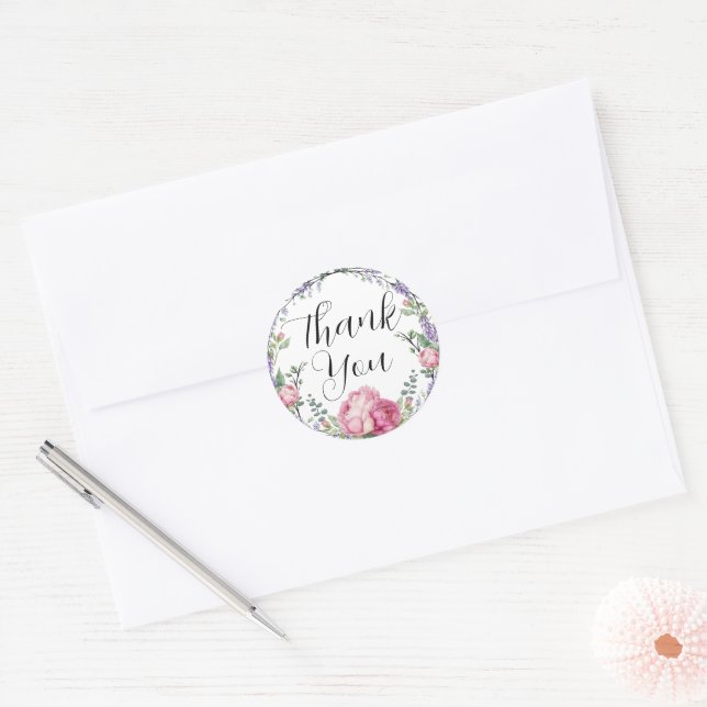 Watercolor pink florals lavender educalyptus classic round sticker (Envelope)