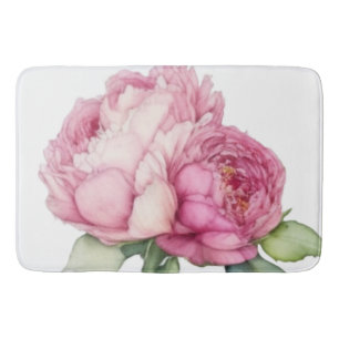 Watercolor pink florals pink peonies pink roses bath mat
