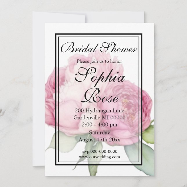 Watercolor pink florals pink peonies pink roses invitation (Front)