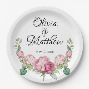 Watercolor pink florals pink peonies pink roses paper plate