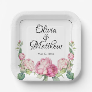 Watercolor pink florals pink peonies pink roses paper plate