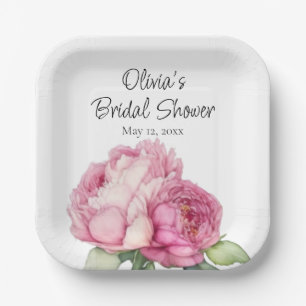 Watercolor pink florals pink peonies pink roses paper plate