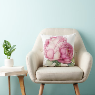 Watercolor pink florals pink peonies pink roses throw pillow