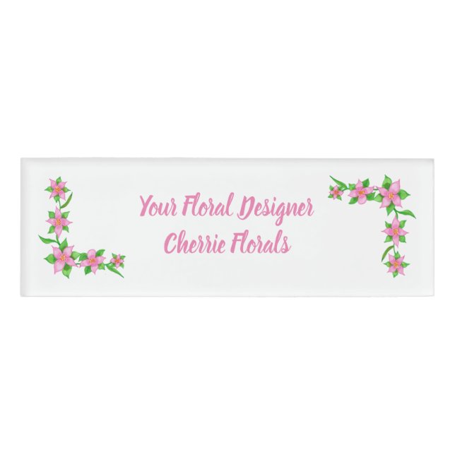 Watercolor Pink Flower Border Floral Name Tags (Front)