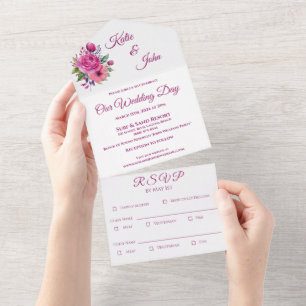 Watercolor Pink Flower Bouquet-Wedding- All In One Invitation