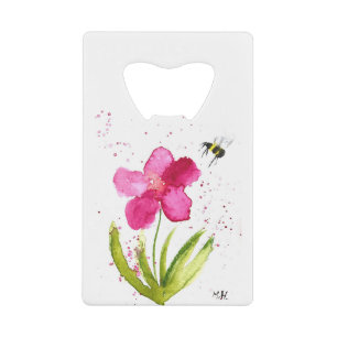 Watercolor pink flower bumblebee credit card bottle opener