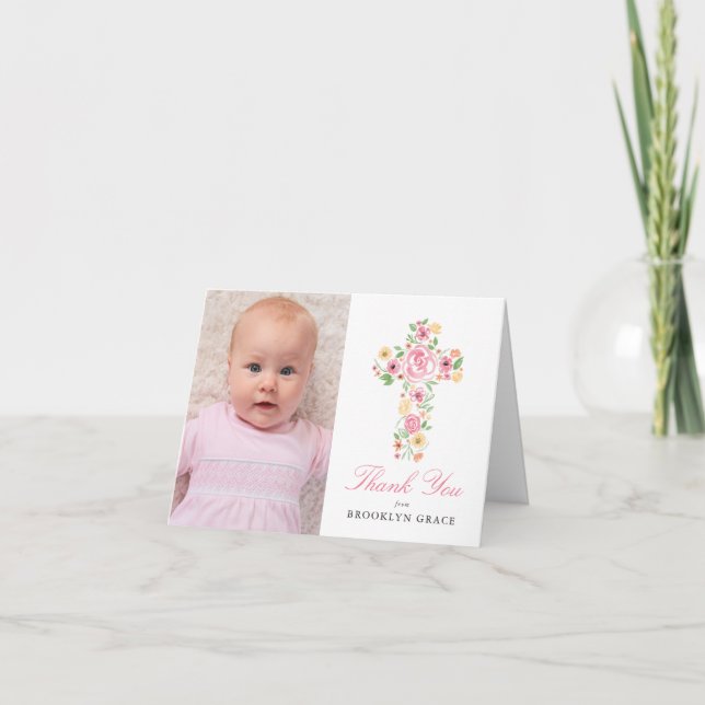 Watercolor Pink Flower Cross Baptism Photo Thank You Card (Front)