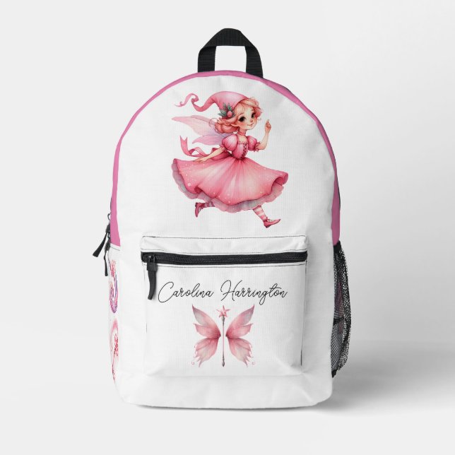 Watercolor Pink Flower Fairy Butterfly Mushroom  Printed Backpack (Front)