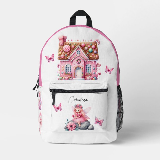 Watercolor Pink Flower Fairy House Butterflies  Printed Backpack (Front)