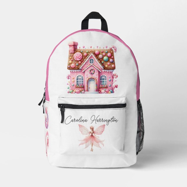 Watercolor Pink Flower Fairy House Mushroom  Printed Backpack (Front)