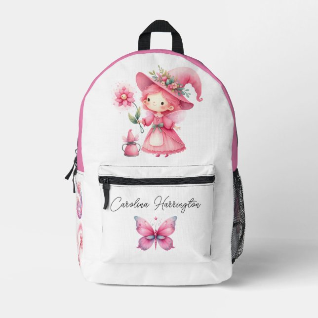 Watercolor Pink Flower Fairy Potion Mushroom  Printed Backpack (Front)