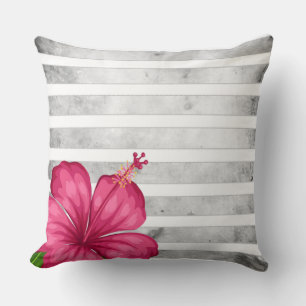 Watercolor Pink Flower in a Black and White Stripe Throw Pillow