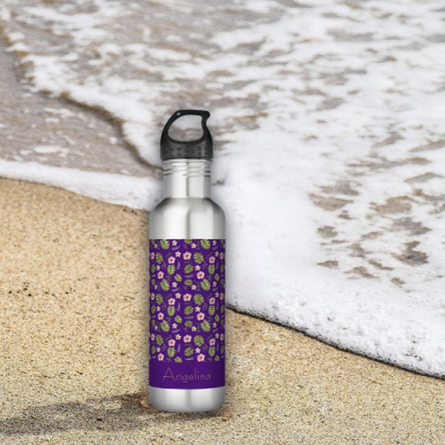 Watercolor pink flower name purple 710 ml water bottle (Creator Uploaded)