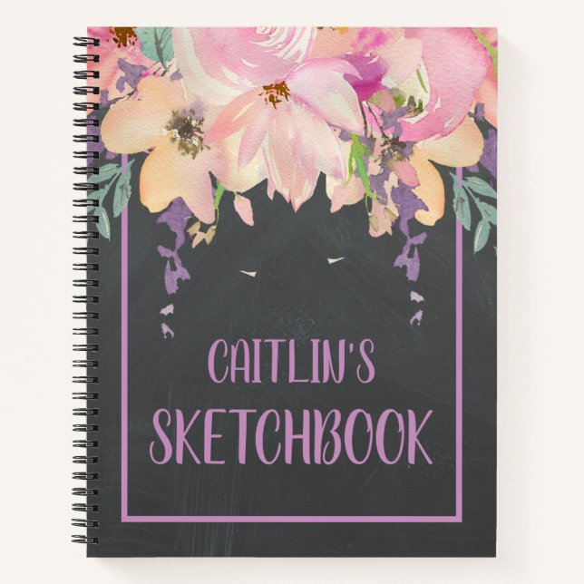 Watercolor Pink Flower Personalized Sketchbook  Notebook (Front)