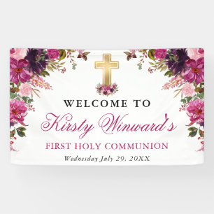 Watercolor Pink Flowers 1st Holy Communion Banner