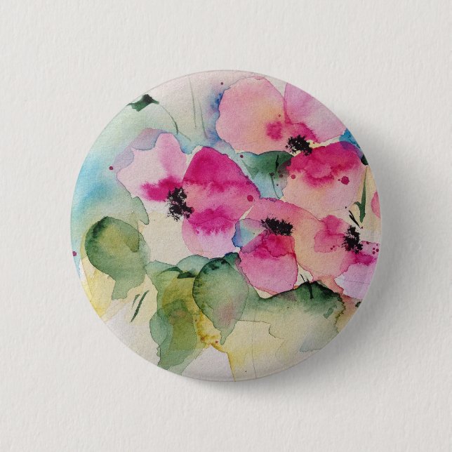 Watercolor Pink Flowers 2 Inch Round Button (Front)