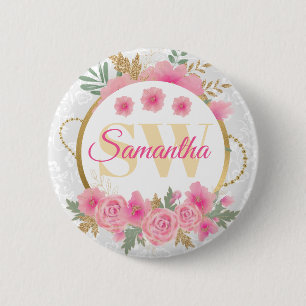 Watercolor Pink Flowers and Gold Foil Monogram 2 Inch Round Button