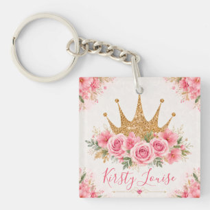 Watercolor Pink Flowers and Gold Tiara Keychain