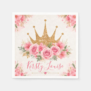 Watercolor Pink Flowers and Gold Tiara Napkin