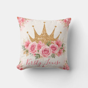Watercolor Pink Flowers and Gold Tiara Throw Pillow